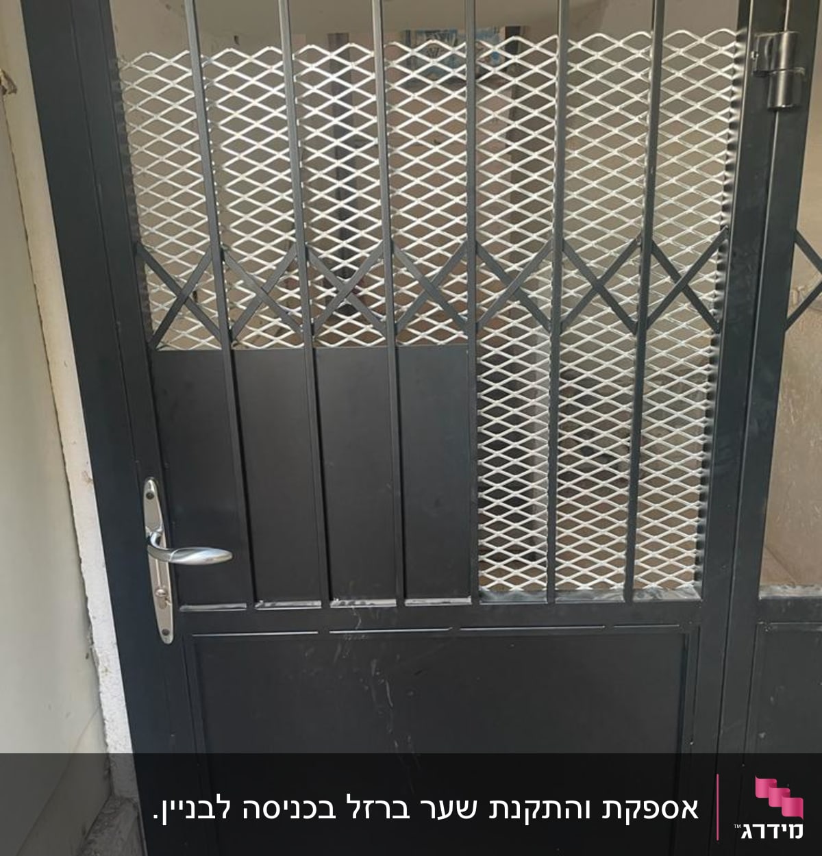 שער מתכת שחור עם רשת דקורטיבית